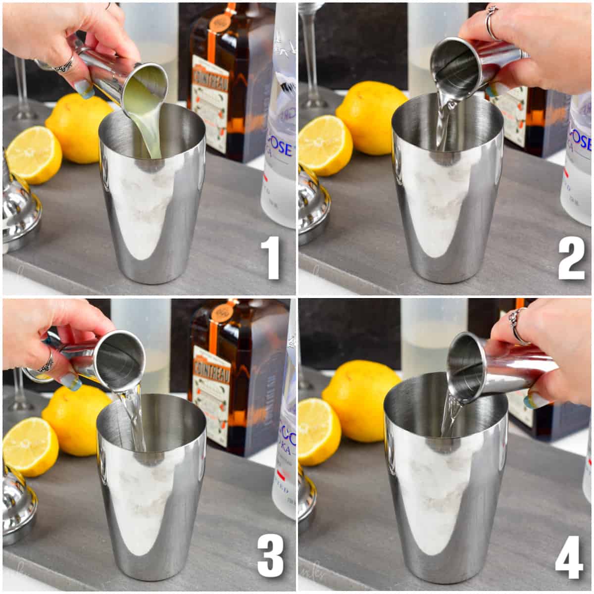 Collage of four images of pouring each ingredients into shaker.