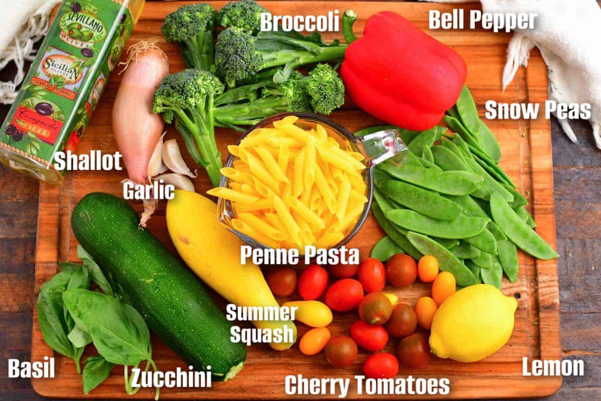 labeled ingredients to make pasta primavera and vegetables.