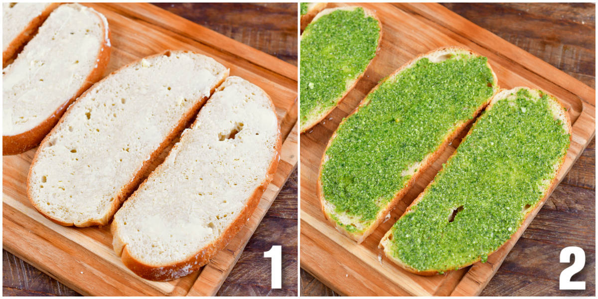 collage of two images of buttering bread and adding pesto to the bread.