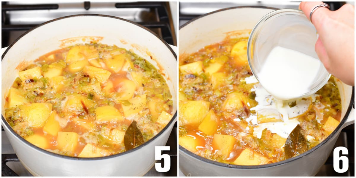 collage of two images of soup cooking in a pot and adding cream to the soup.