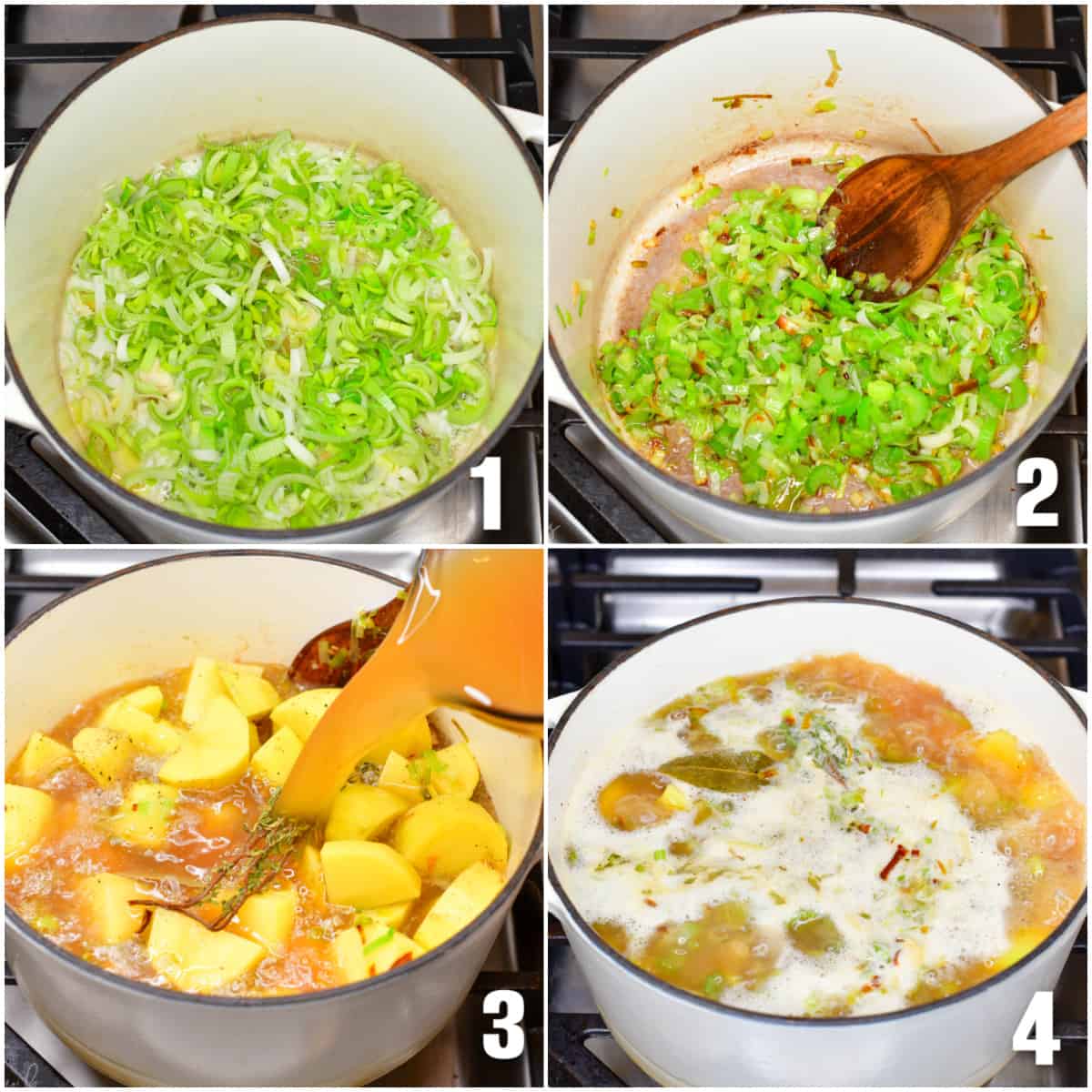 collage of four images cooking the veggies and potatoes for potato leek soup.