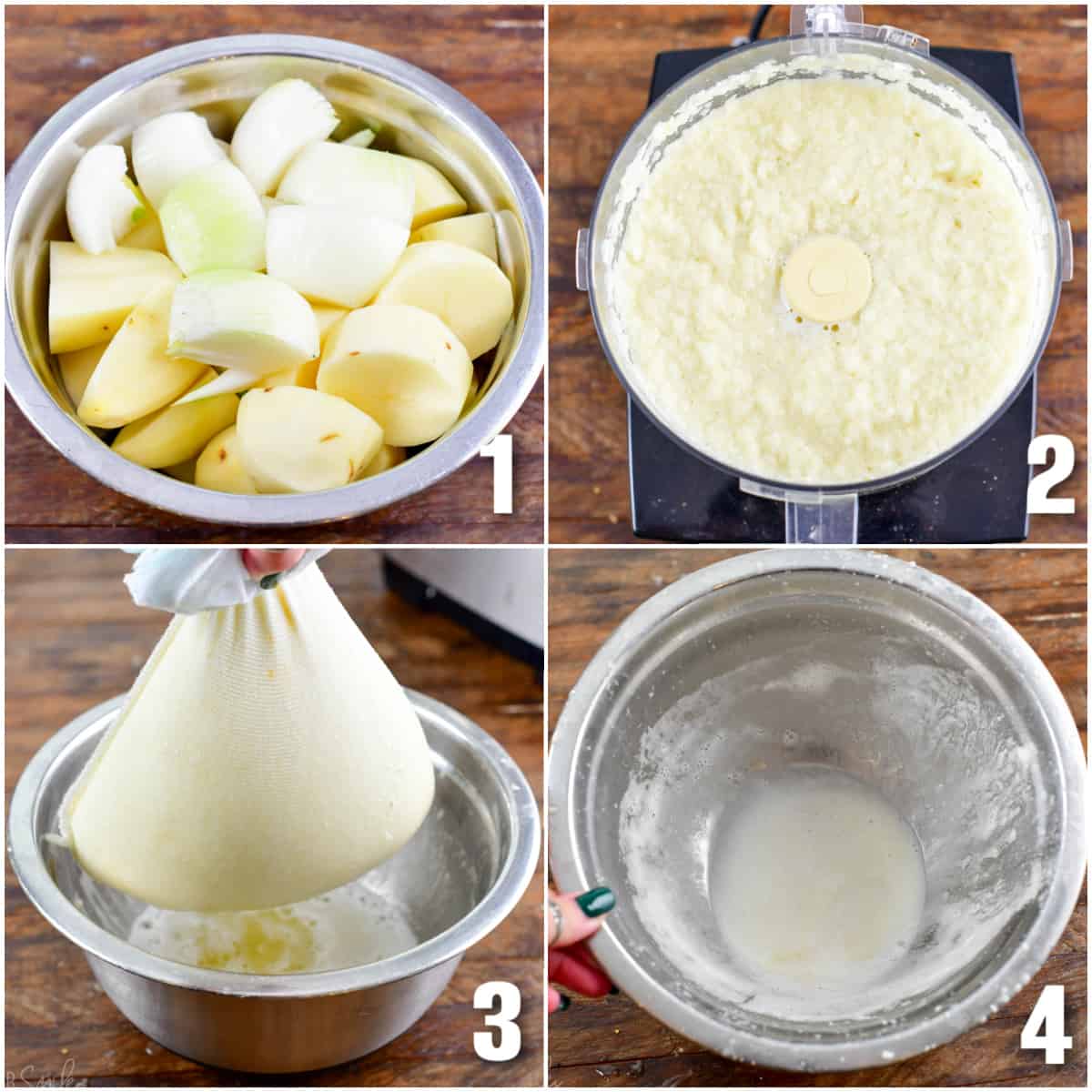 collage of four photos of blending potatoes and onions and draining the liquid out.