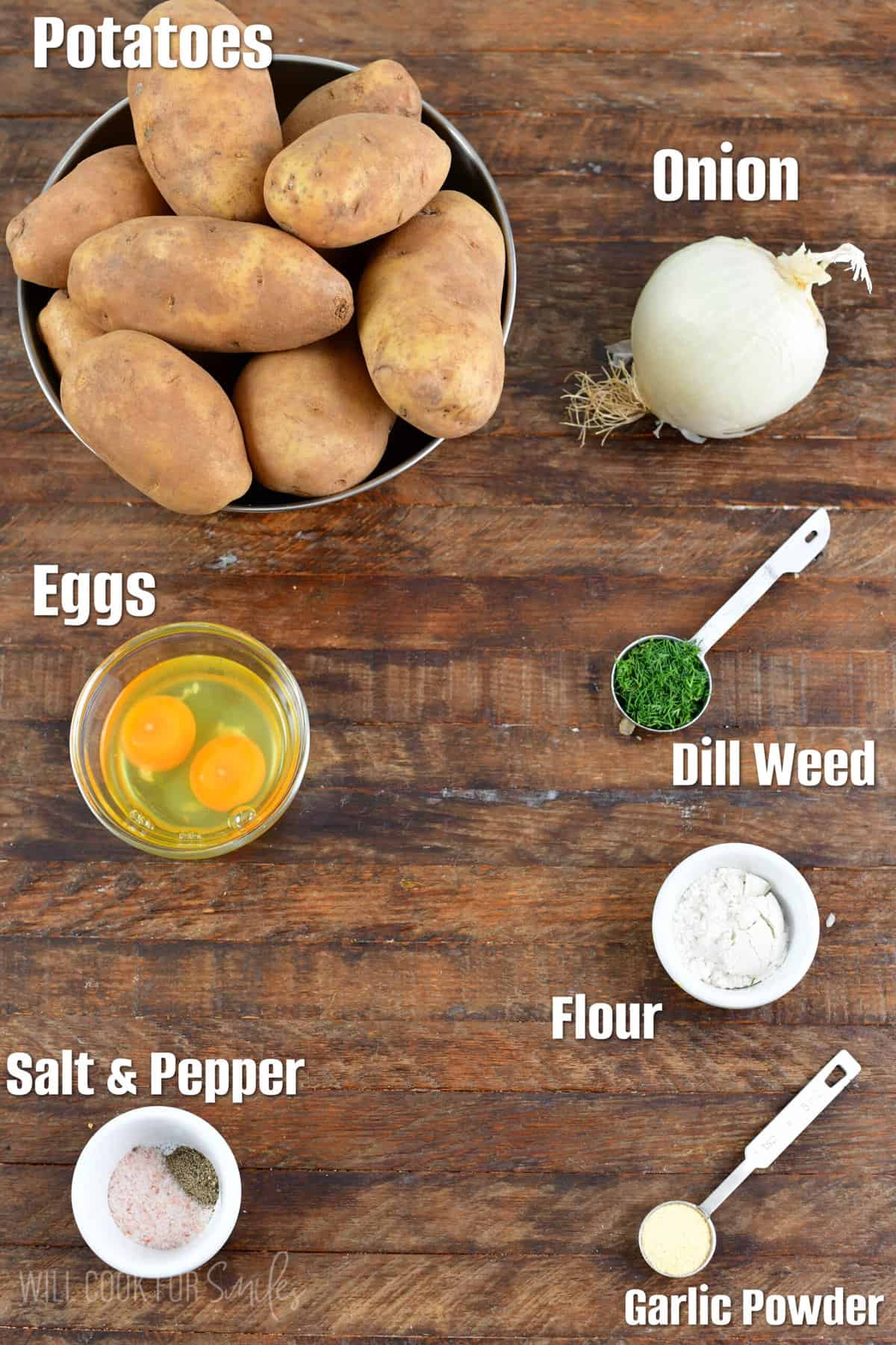 Labeled ingredients for potato pancakes on a wood surface.