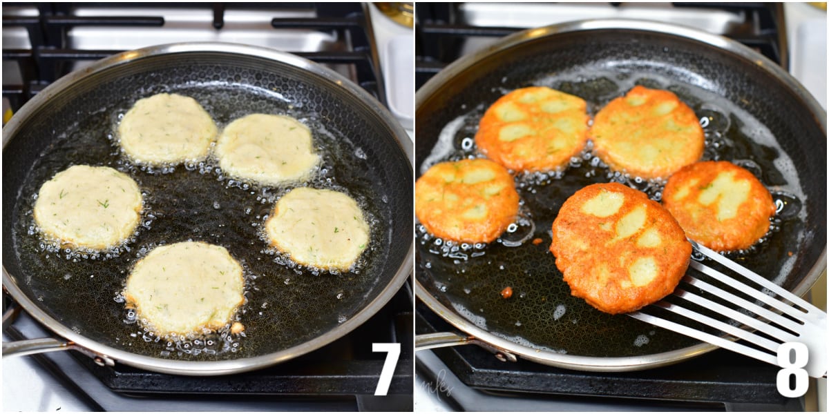 Collage of two images cooking potato pancakes in oil.