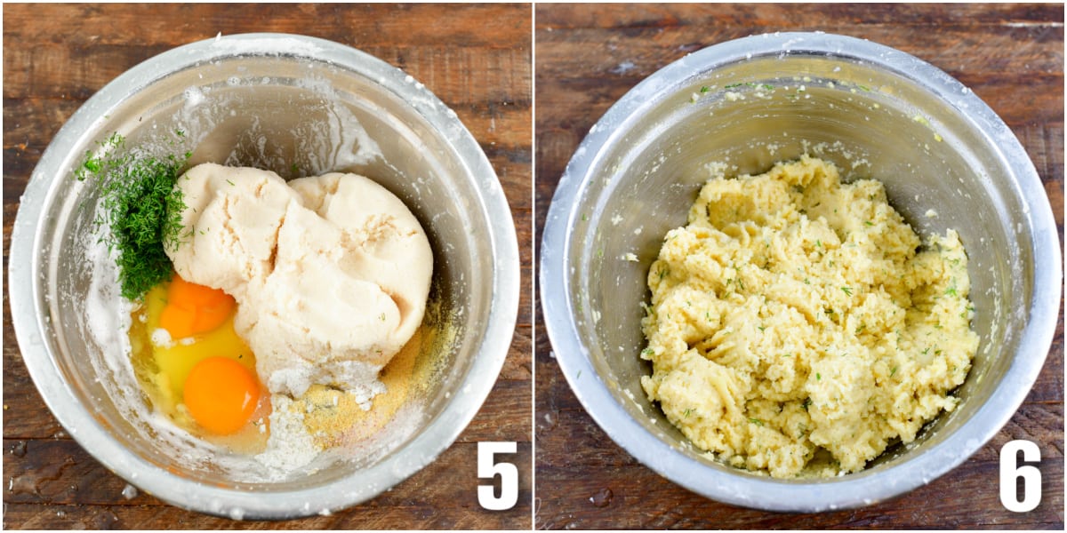 collage of two images of mixing the ingredients for the potato pancakes batter in a bowl.