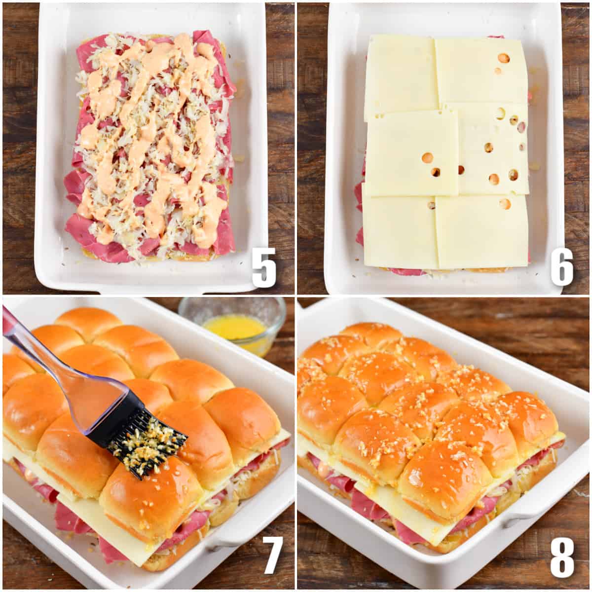 Collage of four images of sliders in a baking dish adding dressing, Swiss cheese, and butter mixture to the top of the buns.