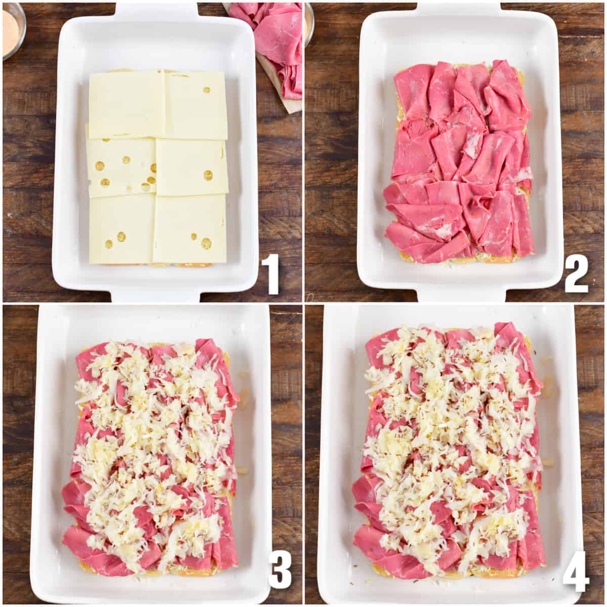 Collage of four images of pitting the reuben sliders together in a baking dish.