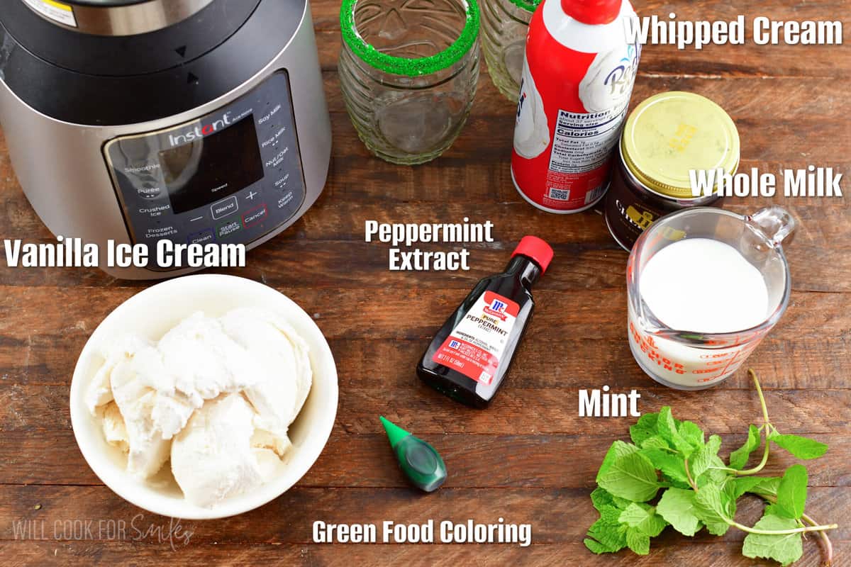 Labeled ingredients for the shamrock shake mint milkshake on a wood surface.