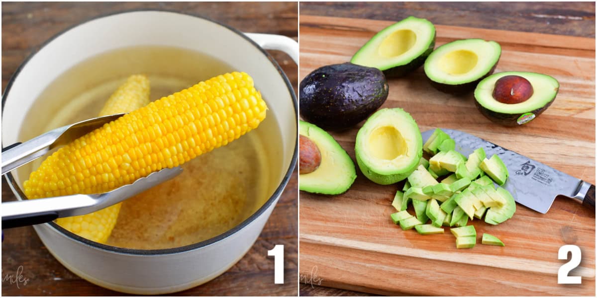 collage of two images of cooking corn on the cob and slicing an avocado on a wood cutting board.