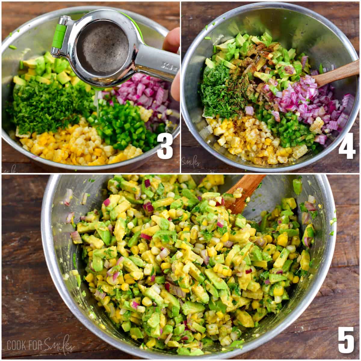 collage photo of three images of mixing ingredients for avocado salsa together.