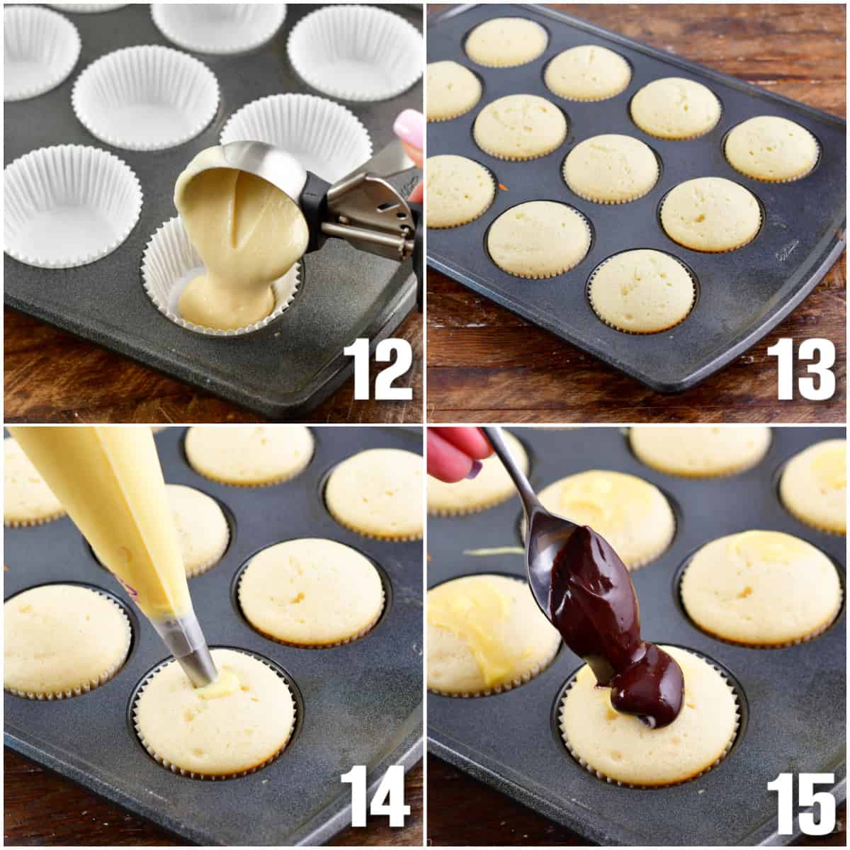 Collage of four images of pouring batter into cupcake tins, baking cupcakes, adding Boston cream into the cupcakes and then adding frosting to the top.