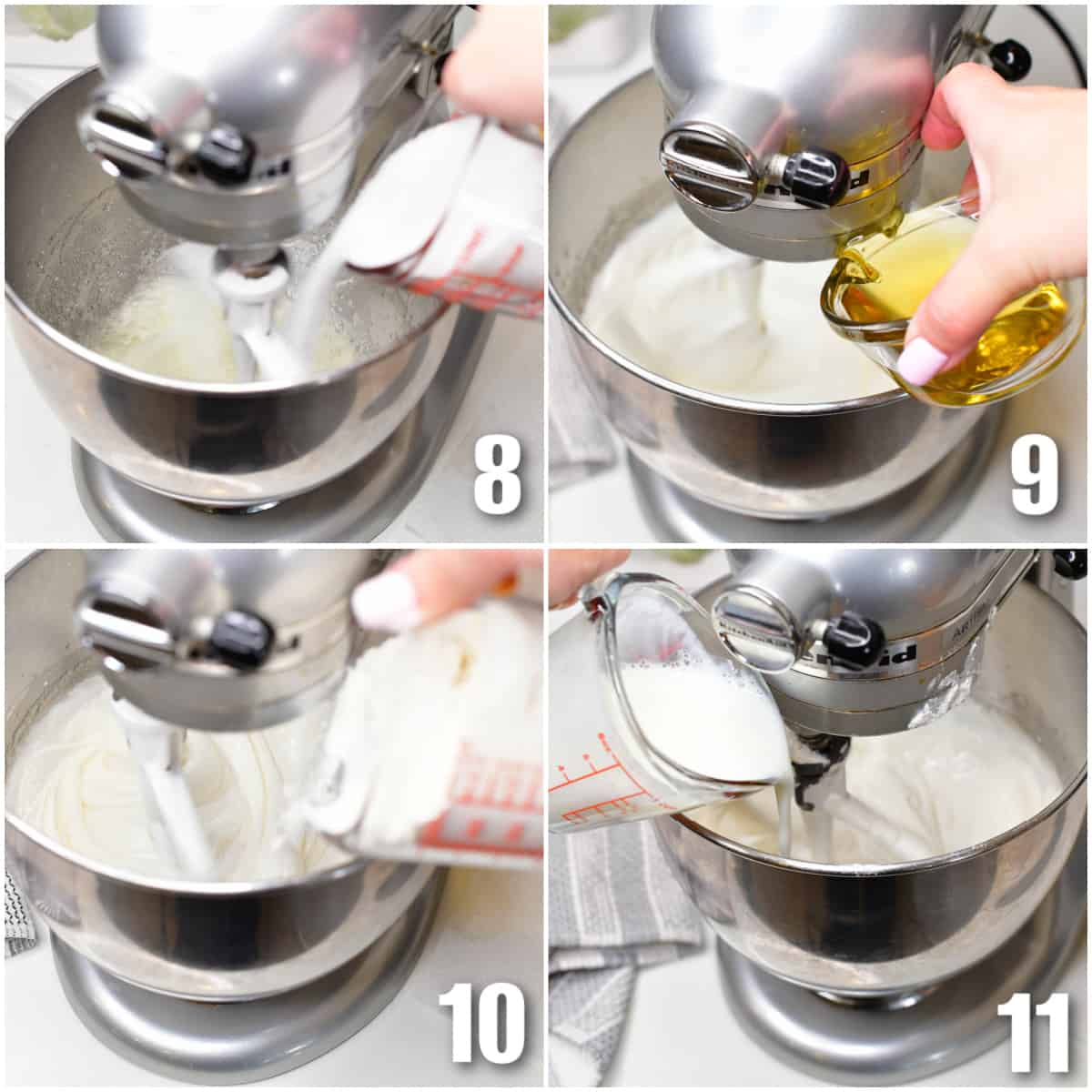 collage of four images of mixing up the cupcake batter in a stand mixer.