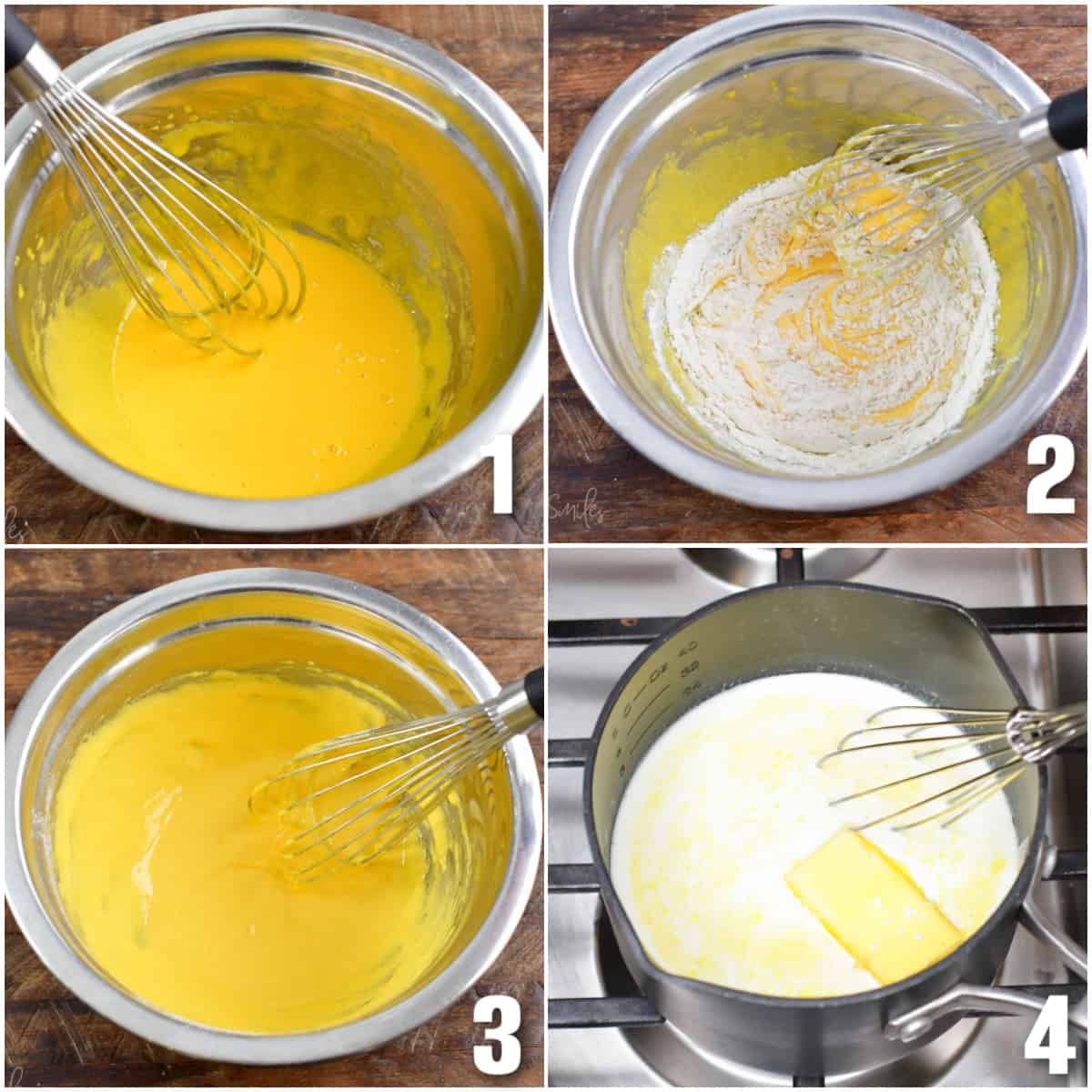 Collage of four images of making custard by mixing eggs, flour, and melting butter into a pan.