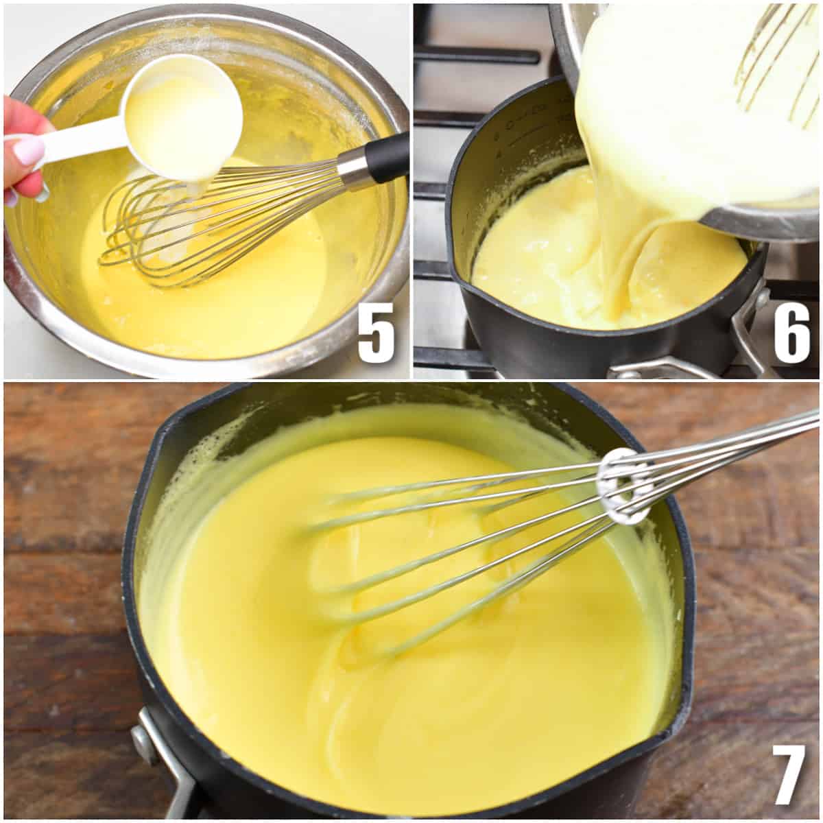 collage of three images of pouring cream into mixture, and thickening custard in a pot.