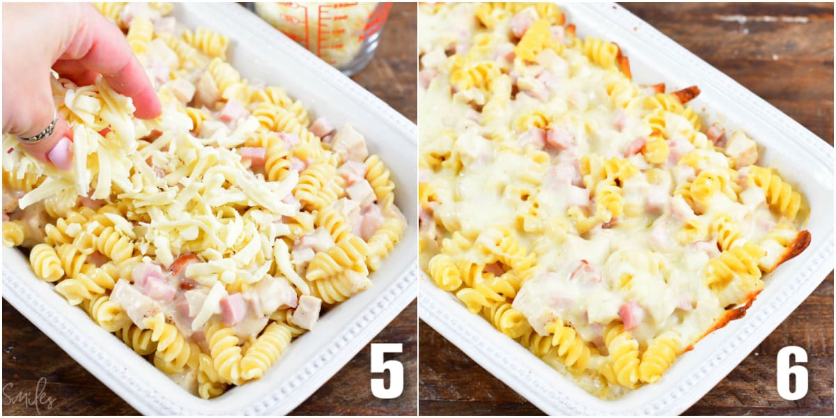 collage of two images of adding cheese to chicken cordon bleu casserole and then the casserole baked.