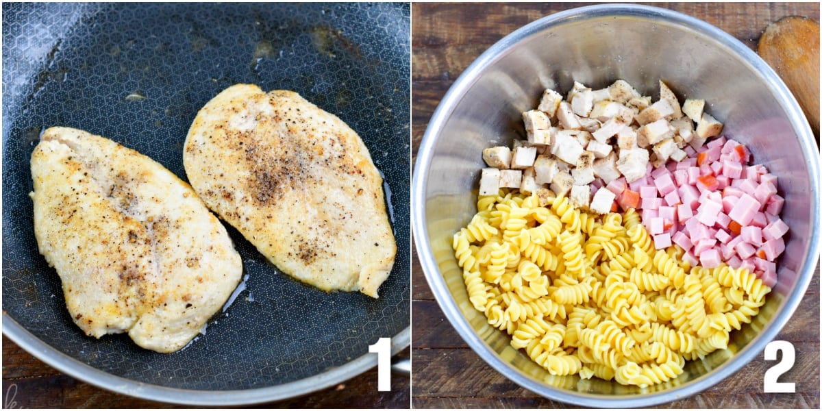 Collage of two images chicken breast cooked in a pan and ingredients for chicken cordon bleu casserole in a bowl.