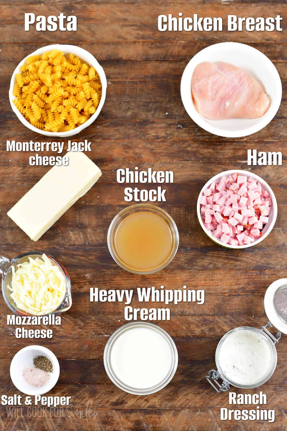 labeled ingredients for Chicken Cordon Bleu Chicken Casserole on a wood surface.