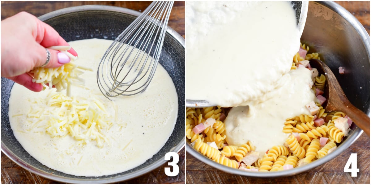 collage of two images adding cheese to sauce in a pan while whisking and pouring sauce over pasta.