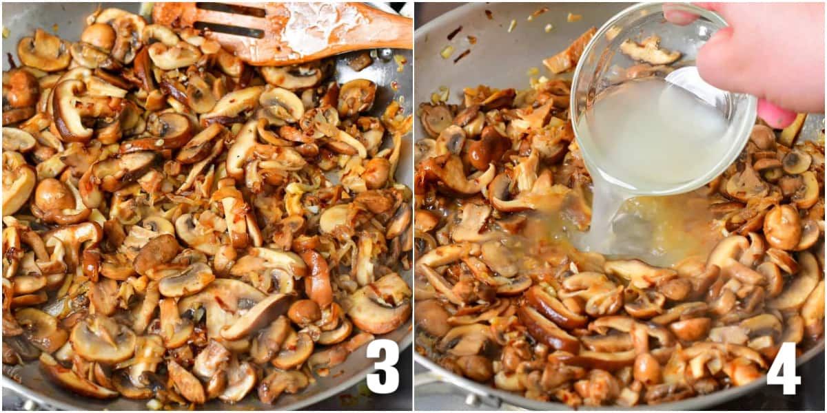 collage of two images of sauteed mushrooms and adding pasta cooking water.
