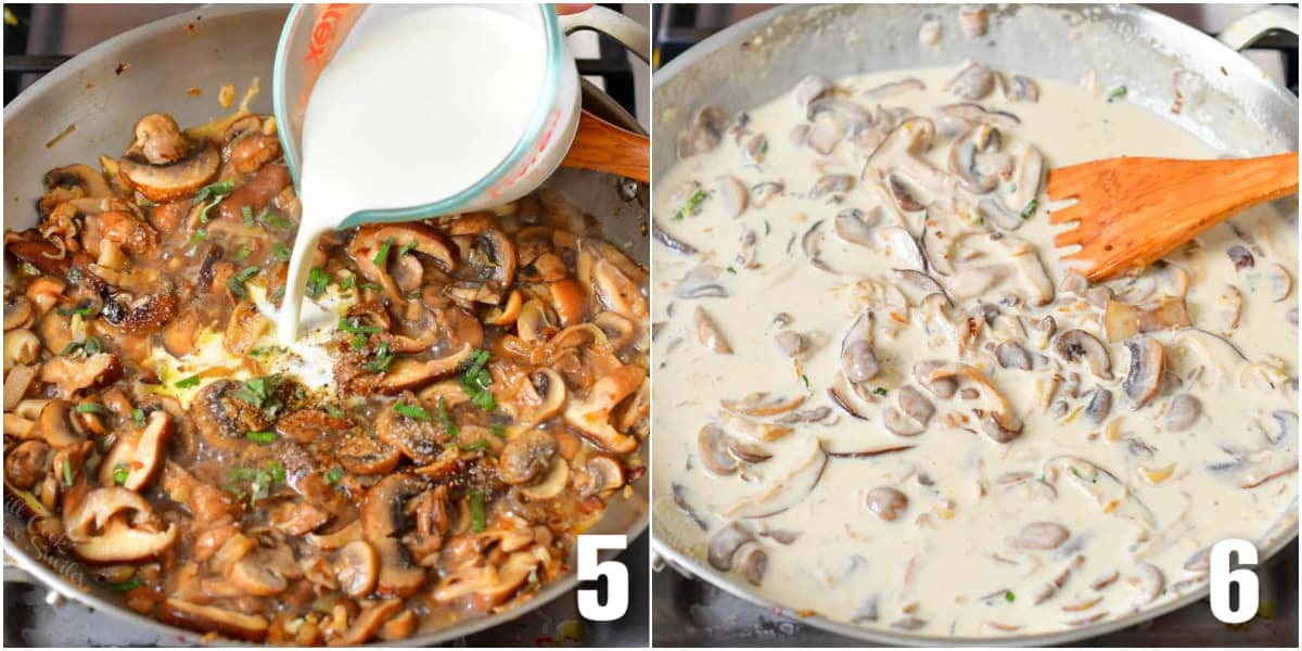 collage of two images of adding cream and mixing the mushroom cream sauce.