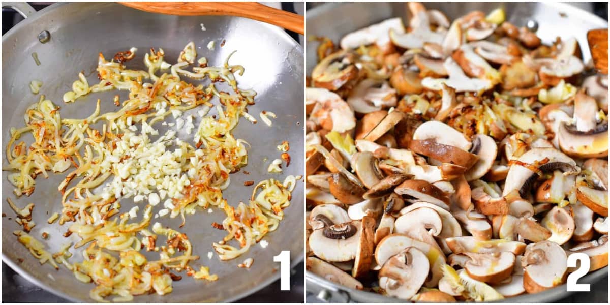 collage of two images of seating shallots and garlic and adding mushrooms.