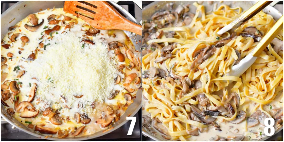 collage of two images of adding parmesan sauce and mixing in pasta.