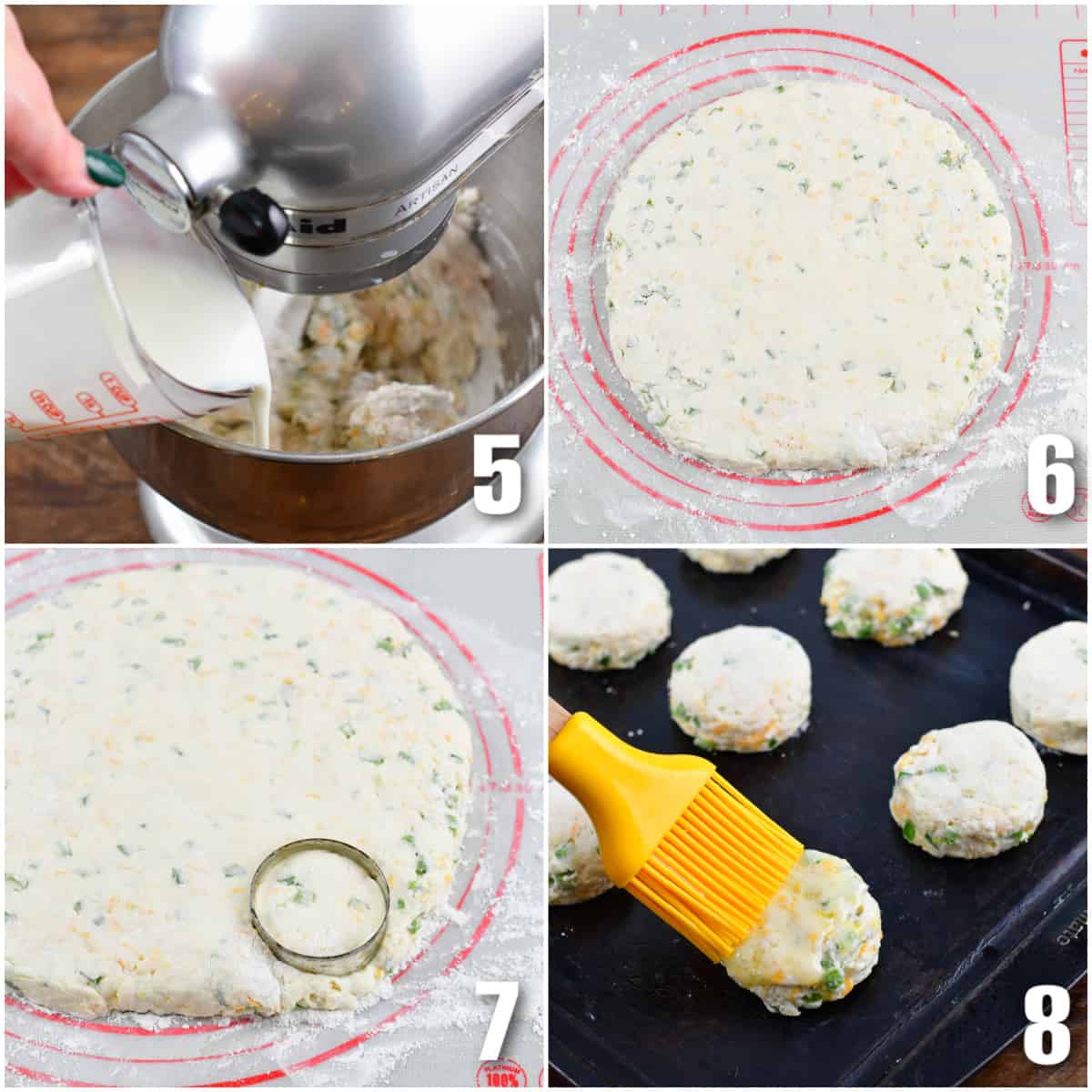 Collage of four images of pouring buttermilk into dough and forming the biscuits and putting them on a baking sheet.