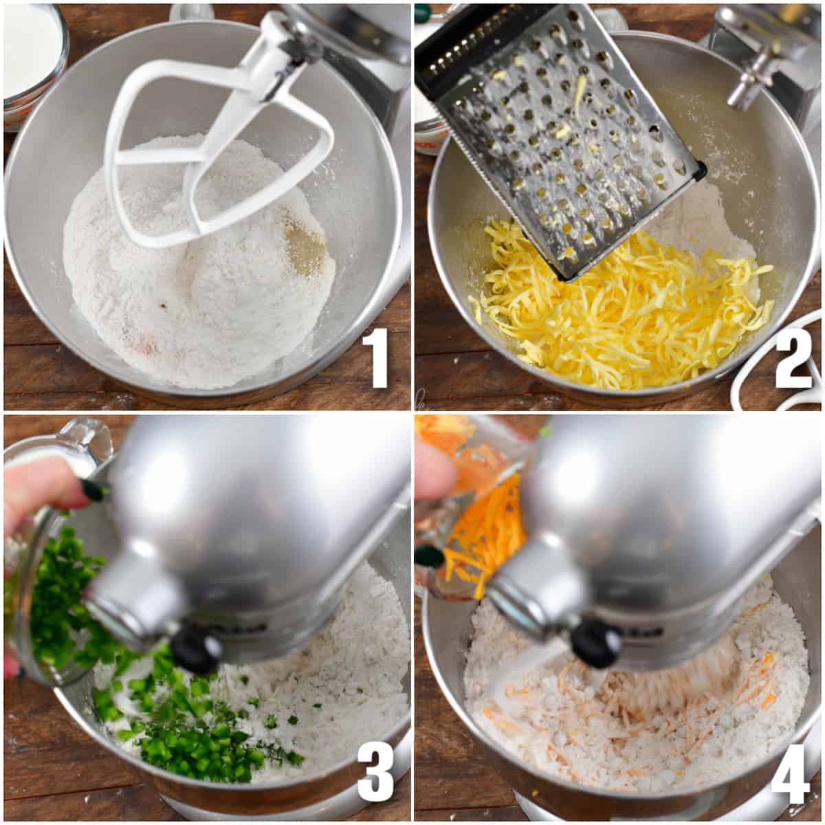 Collage of four images of Jalapeno Cheddar biscuits ingredients being mixed in a mixer.