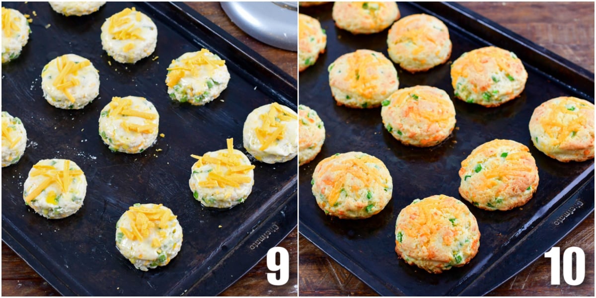 collage of two images of biscuits on baking sheet before and after baking.