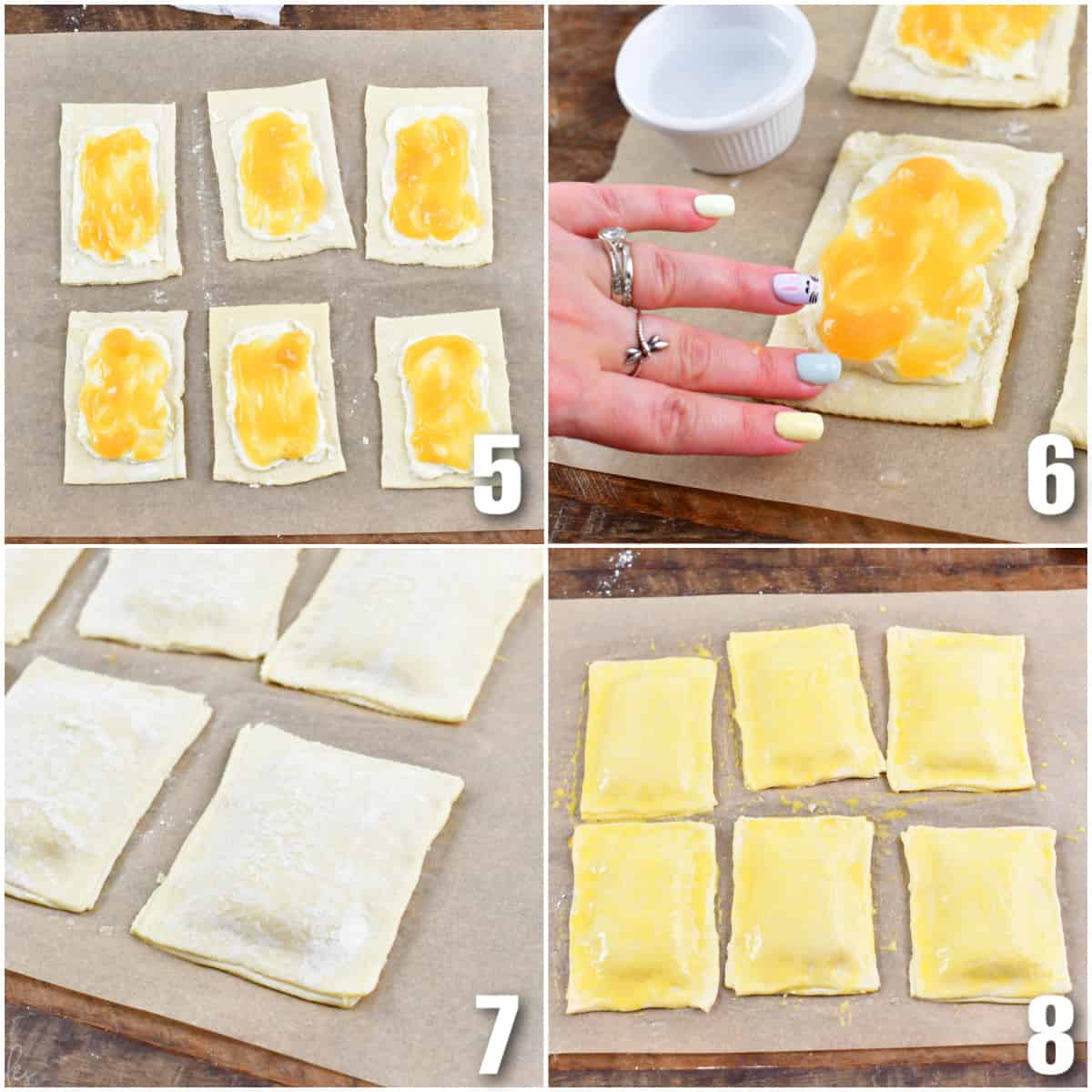 Collage of four photos of lemon cheesecake hand pies adding lemon curd and sealing the pastry.