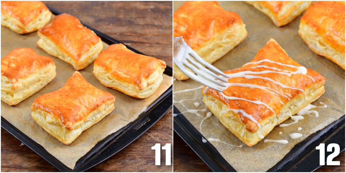 collage of two images of baked hand pies and adding icing to the top.