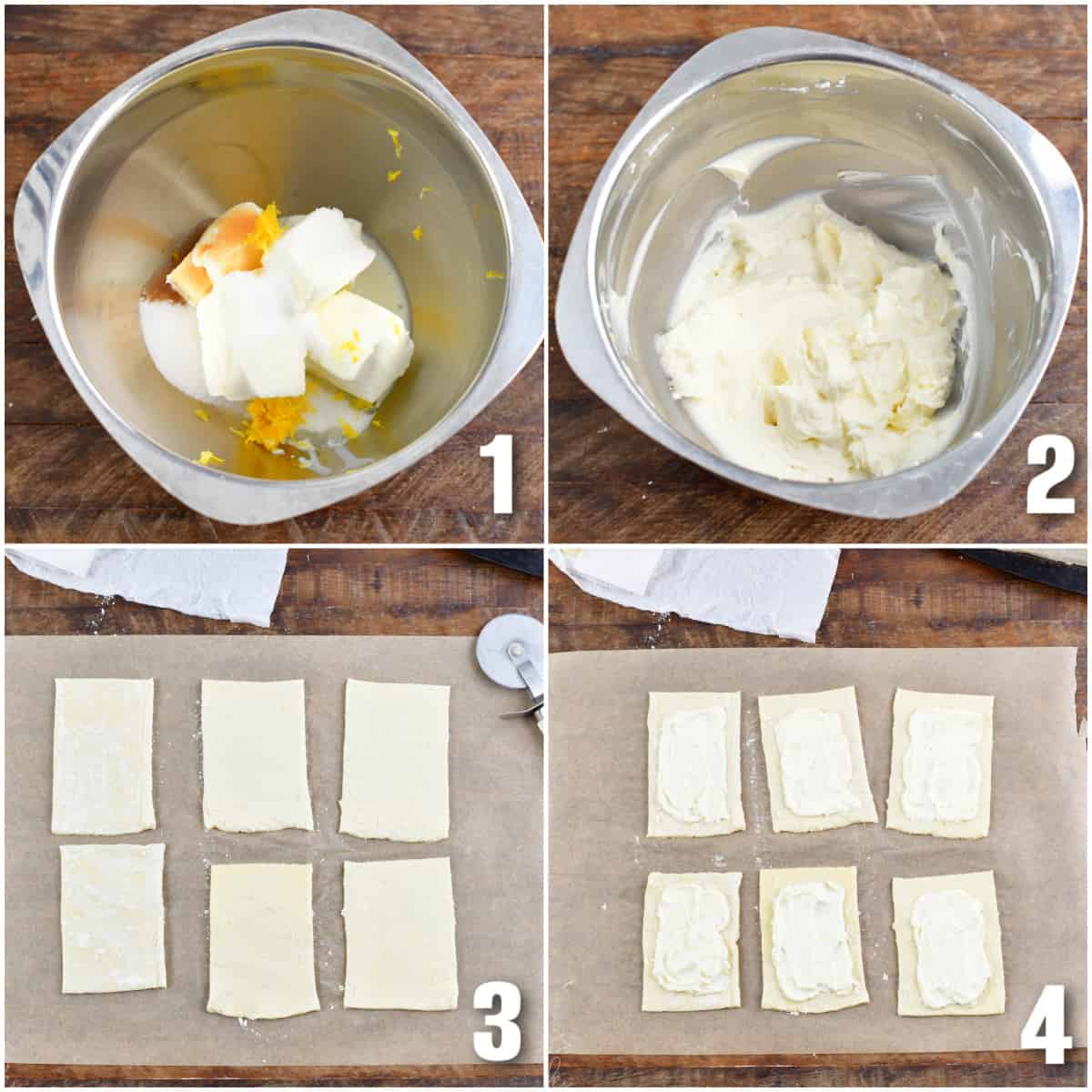 Collage of four images of Lemon Cheesecake Hand Pies making cheesecake filling, cutting pastry, and adding filling to pastry.