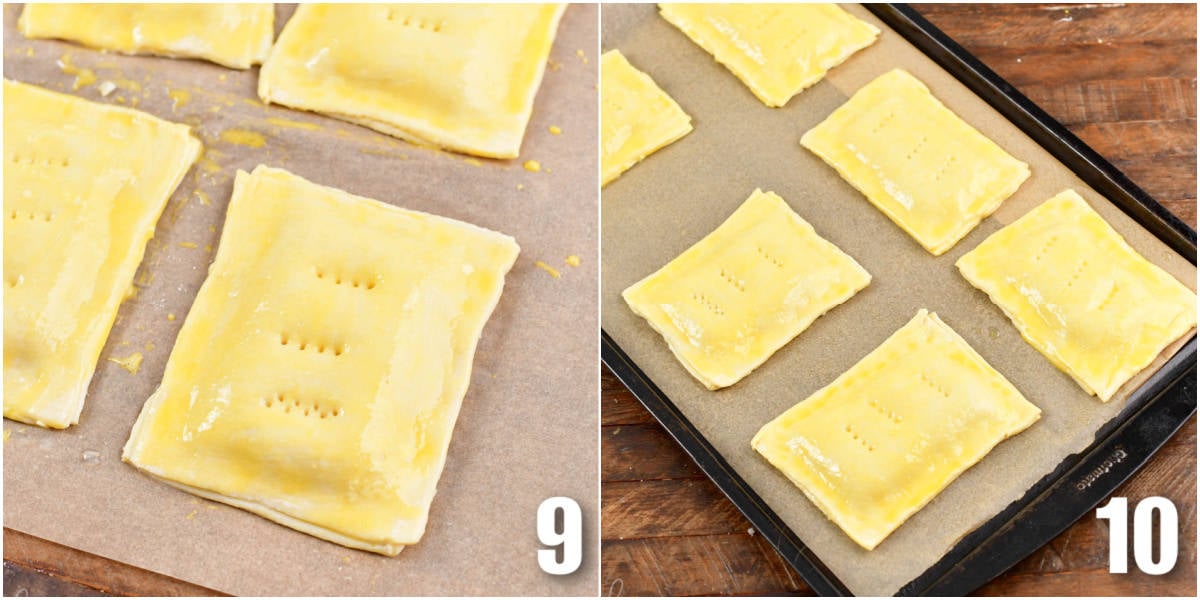 Collage of two images of poking holes in hand pies and putting them on a baking sheet.