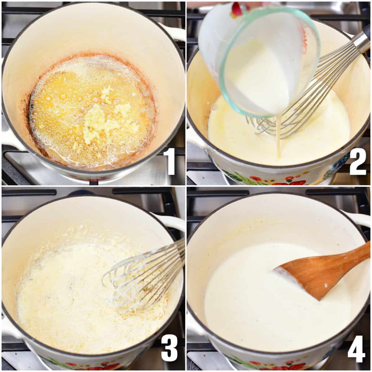 Collage of four images of making alfredo sauce in a pot.