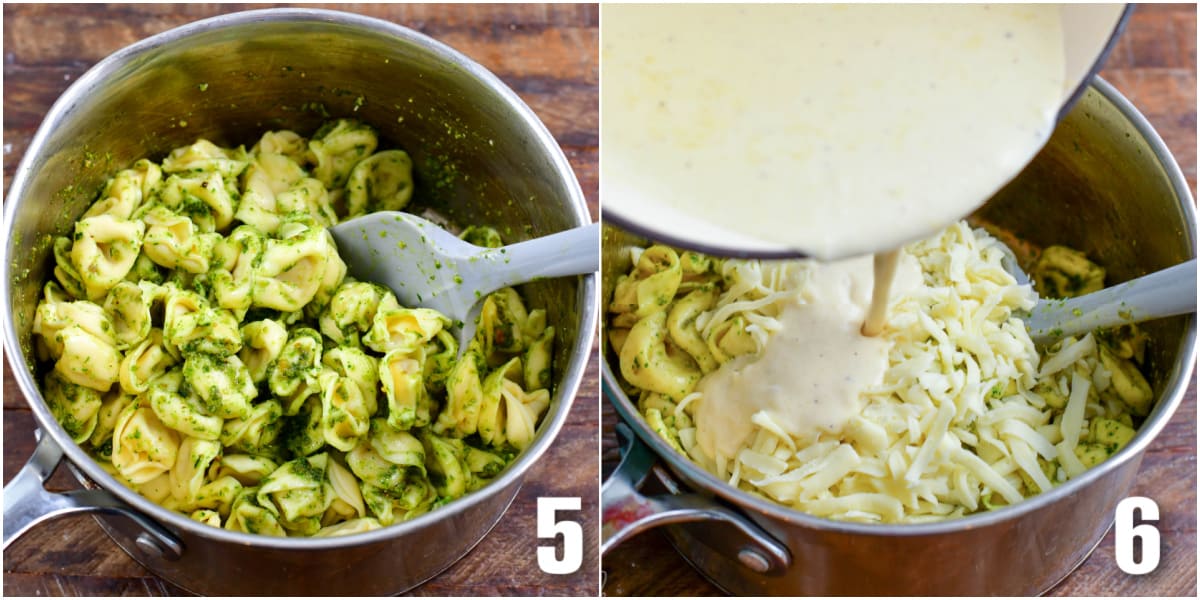 Collage of two images mixing pesto together with tortellini and then adding cheese and alfredo sauce to the pot.