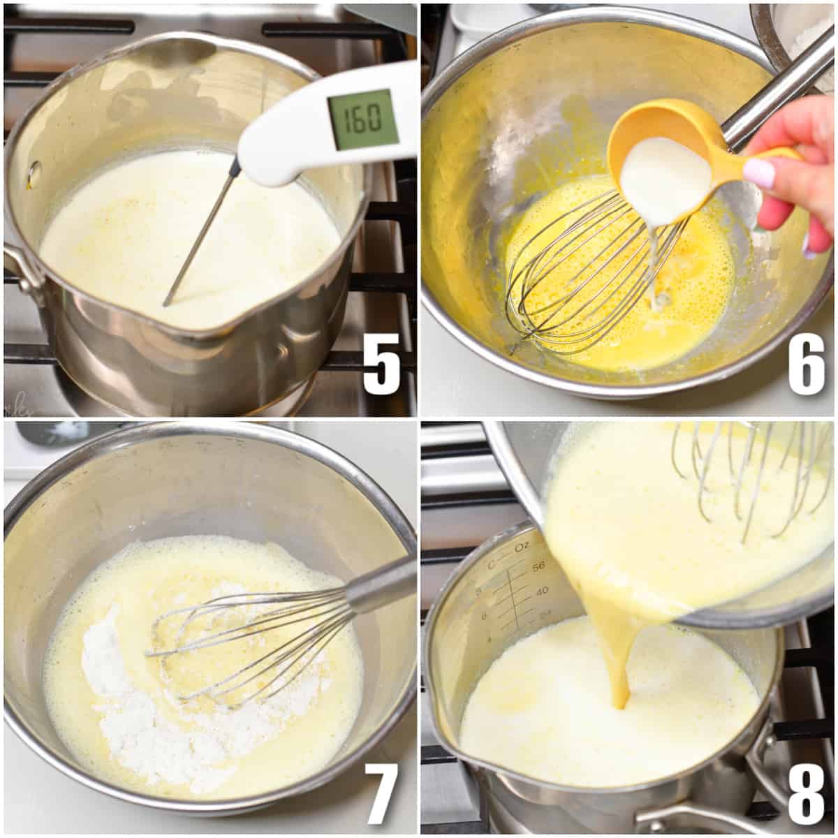 Collage of four images of heating milk in a pit and adding the rest of the ingredients to the bowl and whisking.