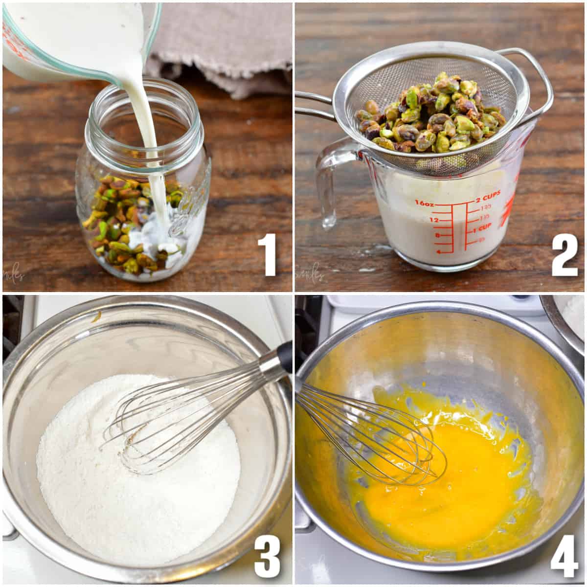 Collage of four images of pouring milk into a jar over pistachio, draining pistachios, and mixing ingredients for pudding.