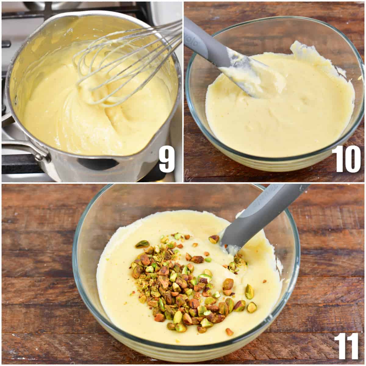 Collage of three images of thickening a pudding in a pot, cooling pudding in a bowl, adding pistachios to pudding.