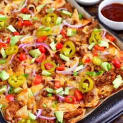 Pulled pork nachos with all the toppings and sour cream in a small bowls to the side.