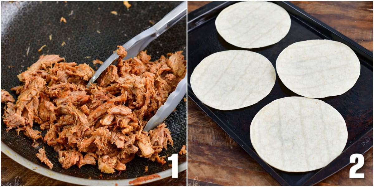 collage of two images of searing pork in a pan and flour tortillas on a baking sheet.