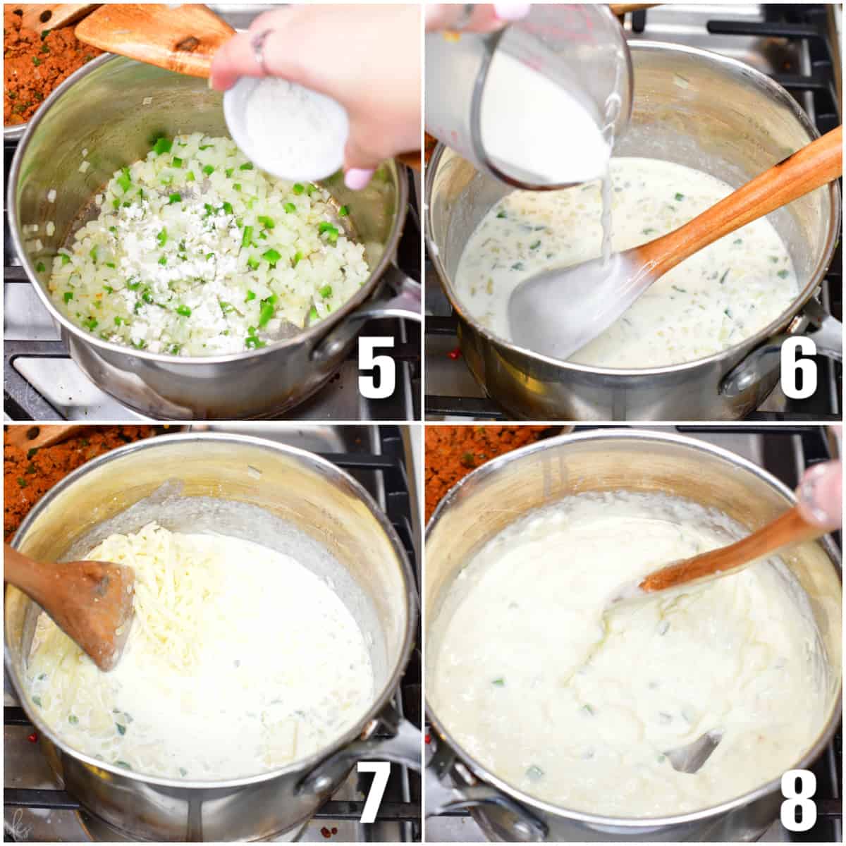 collage of four images of adding flour, milk, and cheeses to queso while cooking. 