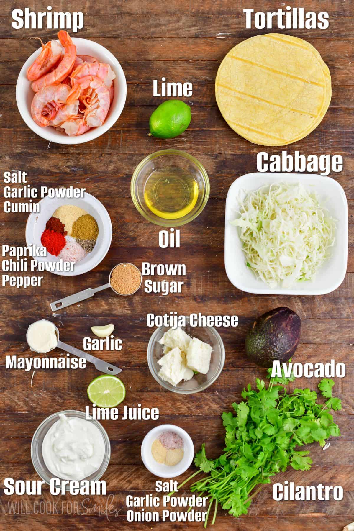 Labeled collage of shrimp taco ingredients on a wood surface.