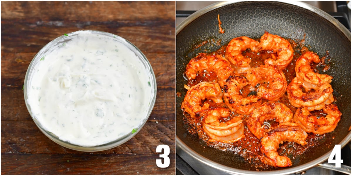 Collage of two images of crema in a bowl and cooking shrimp in a pan.