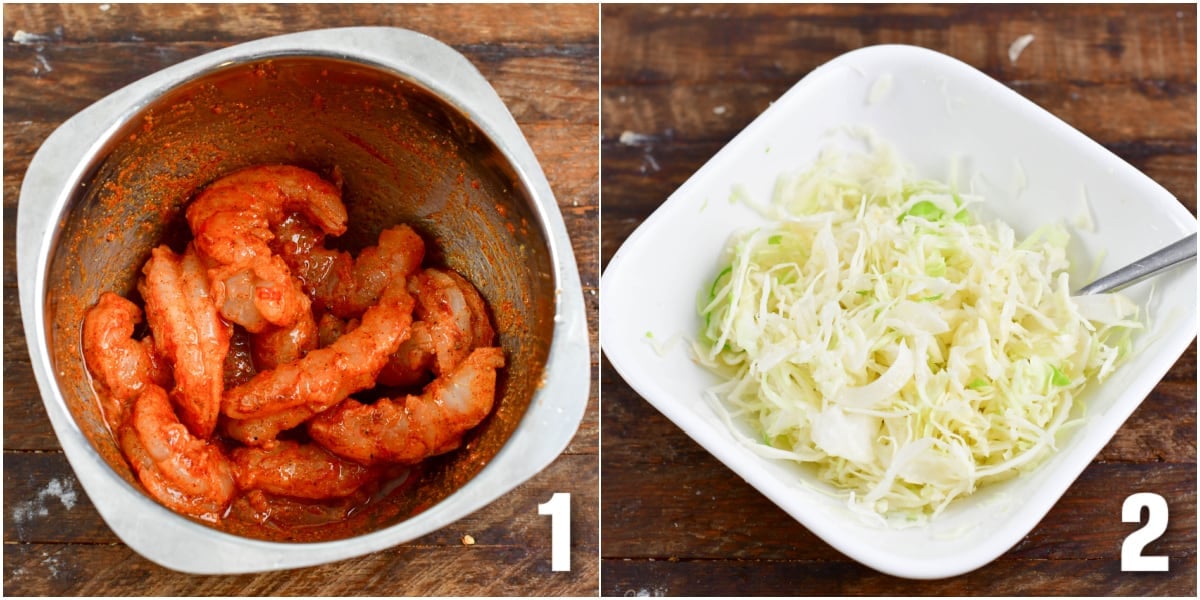 Collage of two images of Shrimp Tacos marinating in a bowl and slaw in a bowl