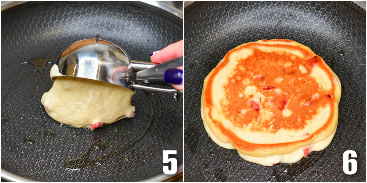 Collage of two images of scooping the pancakes into a pan and cooking pancakes.