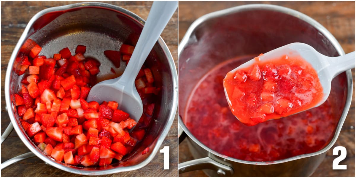 Collage of two images of strawberries before and after cooking.