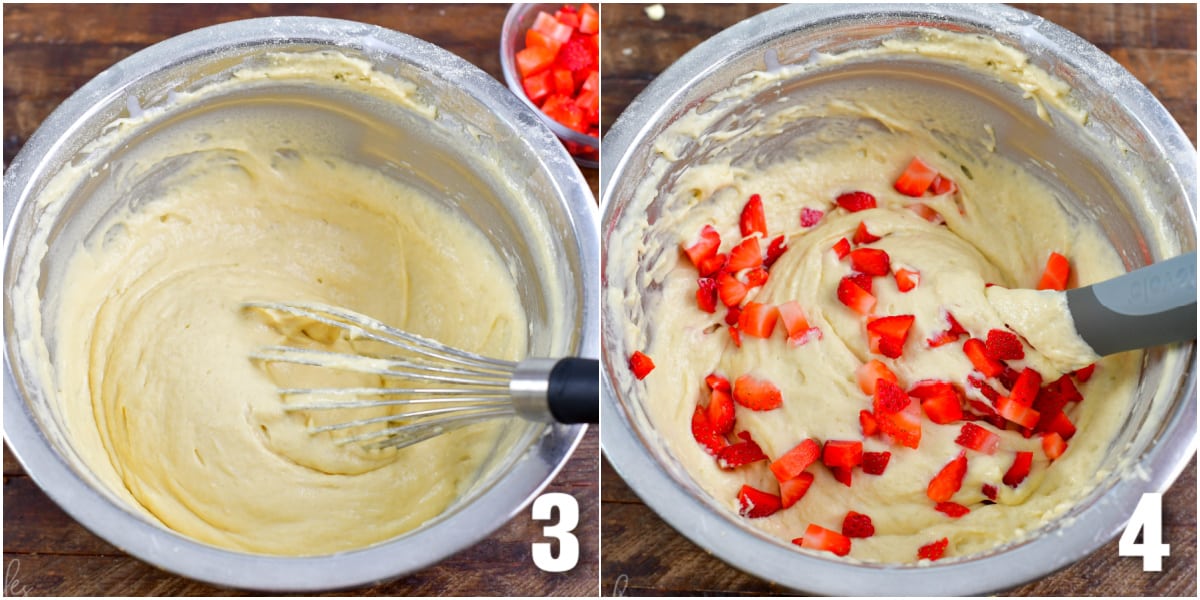 Collage of two images of pancake batter and mixing strawberries into batter.