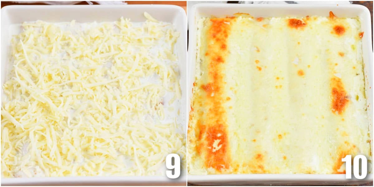 collage of two images of creamy vegetable enchiladas before and after baking.