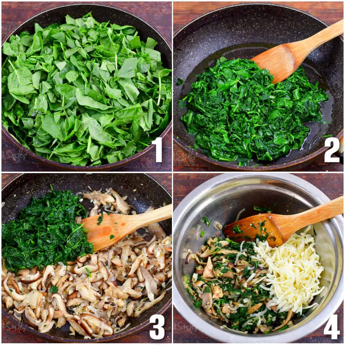 collage of four images of cooking spinach and then adding mushrooms and mixing the filling.