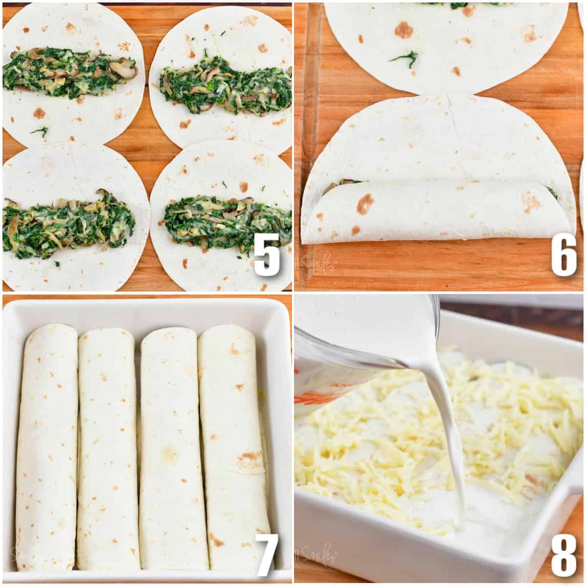 collage of four images of rolling the filling into the tortillas and placing into the pan and adding sauce.